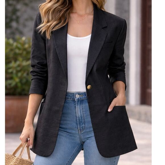 Casual Corner Jackets & Blazers - Vtg 90s Casual Corner 12P Black 100% Linen Lined One Button Longline Blazer EUC